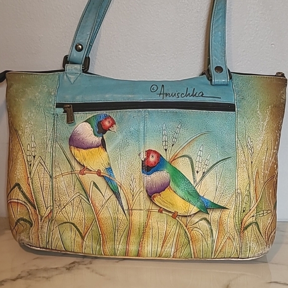 Anuschka Leather Vibrant Hand-Painted Parrot Design Tote Bag Artsy Boho Unique - Picture 4 of 16